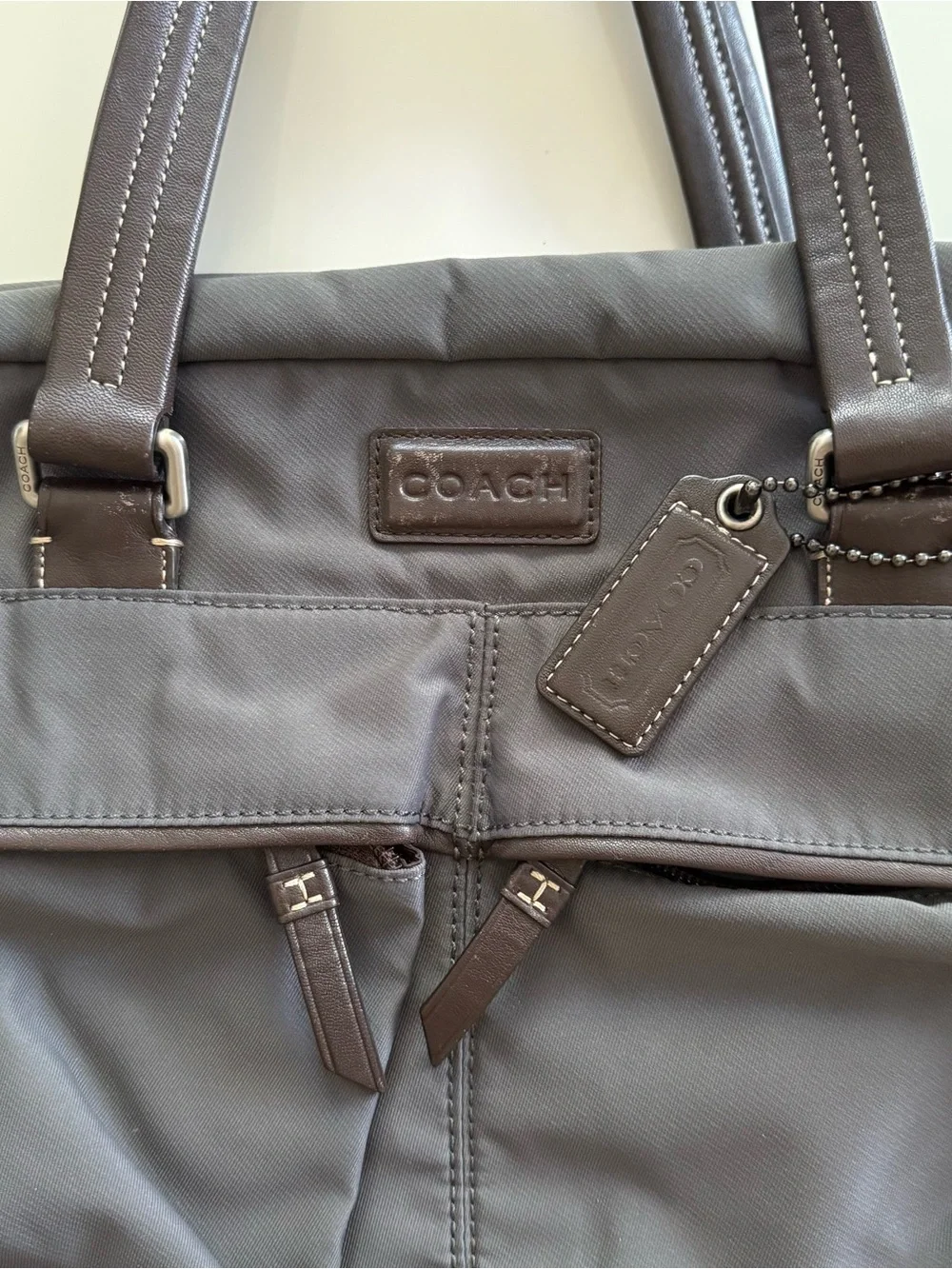Coach Varick Nylon Leather Messenger Laptop Travel Bag Grey Brown F70681